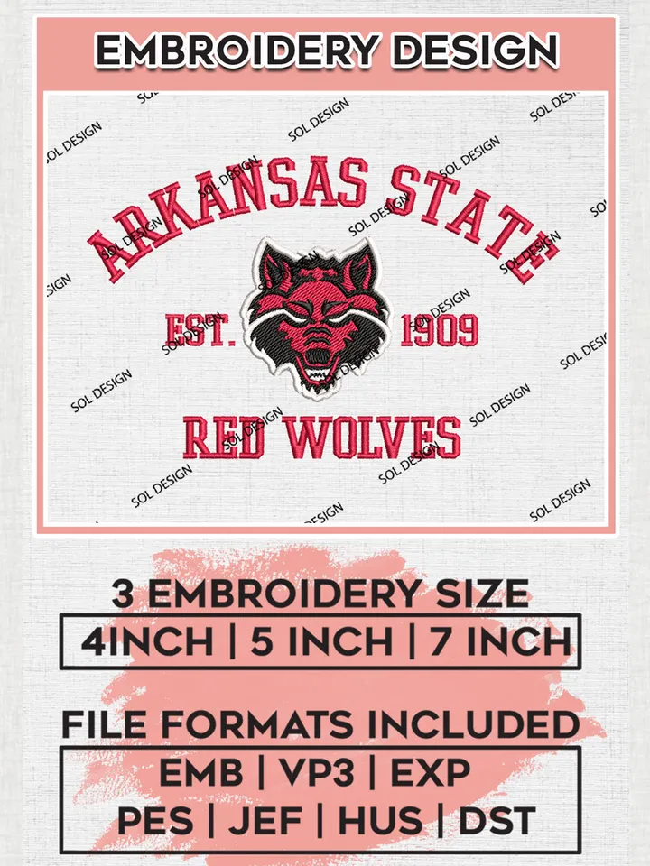 Arkansas State Red Wolves Est 1909 Logo Embroidery Designs, NCAA Arkansas State Red Wolves Team Embroidery, NCAA Team Logo, 3 sizes, Machine embroidery Files, Digital Download