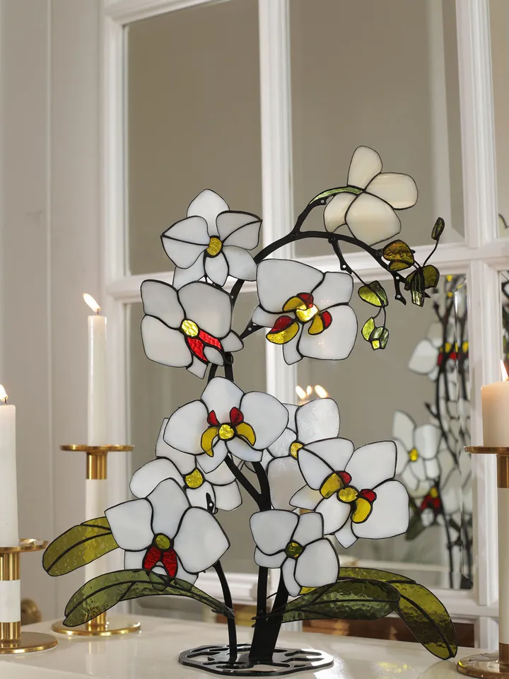 Stained Glass of Snow White Orchids, Snow White Orchid Stained Glass, Stained Glass Artwork: Snow White Orchids, Snow White Orchid Glass Artwork, Snow White Orchid Stained Glass Design, Snow White Orchids in Stained Glass