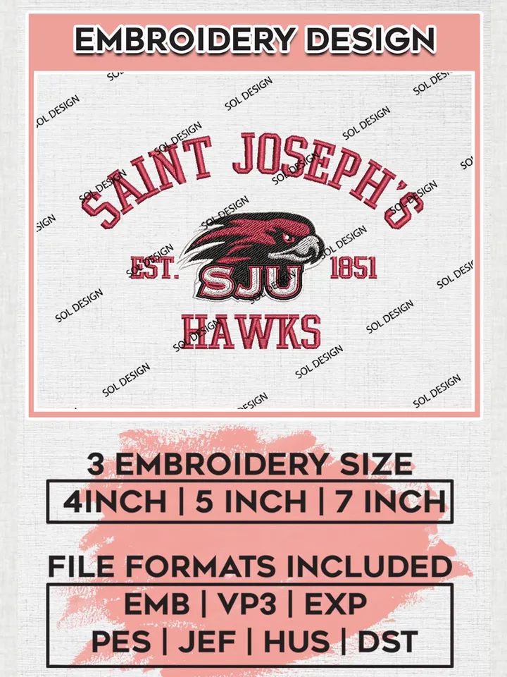 Saint Joseph's Hawks Est 1851 Logo Embroidery Designs, NCAA Saint Joseph's Hawks Team Embroidery, NCAA Team Logo, 3 sizes, Machine embroidery Files, Digital Download