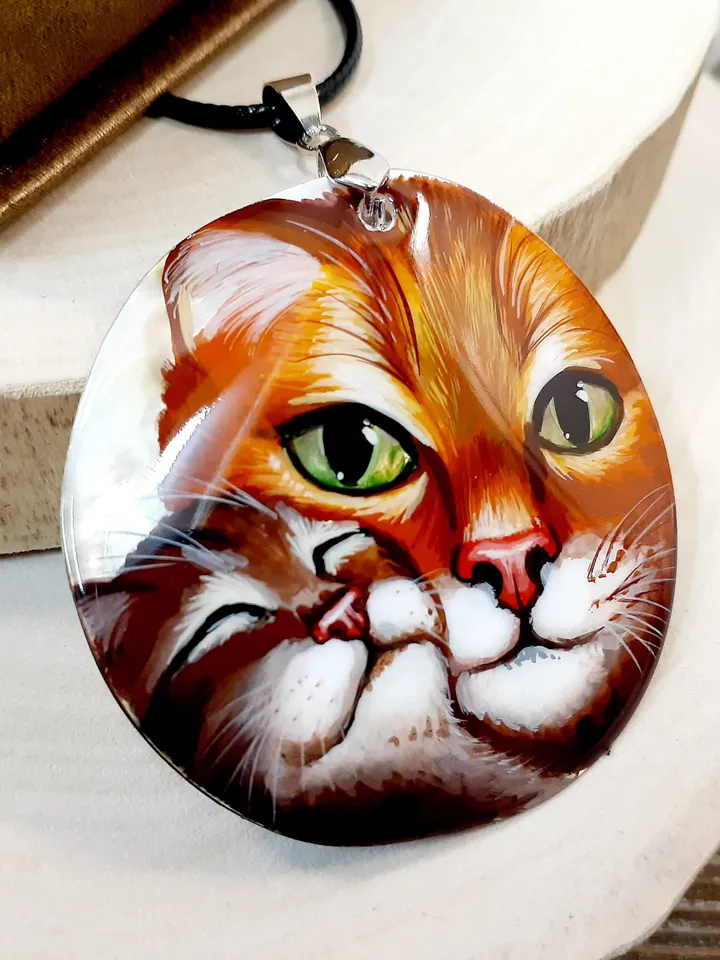 Beautiful Pendant"Cat and kitten" Hand-painted,Russian jewelry,Art gift,Mother-of-pearl hand-painted,Miniature painting, Art Gift
