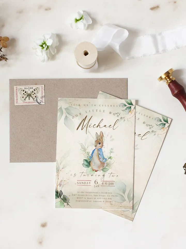 Peter Rabbit First Birthday Invite; Bunny Baby Birthday Invitation template; Our little bunny turning one; neutral bunny birthday invitation