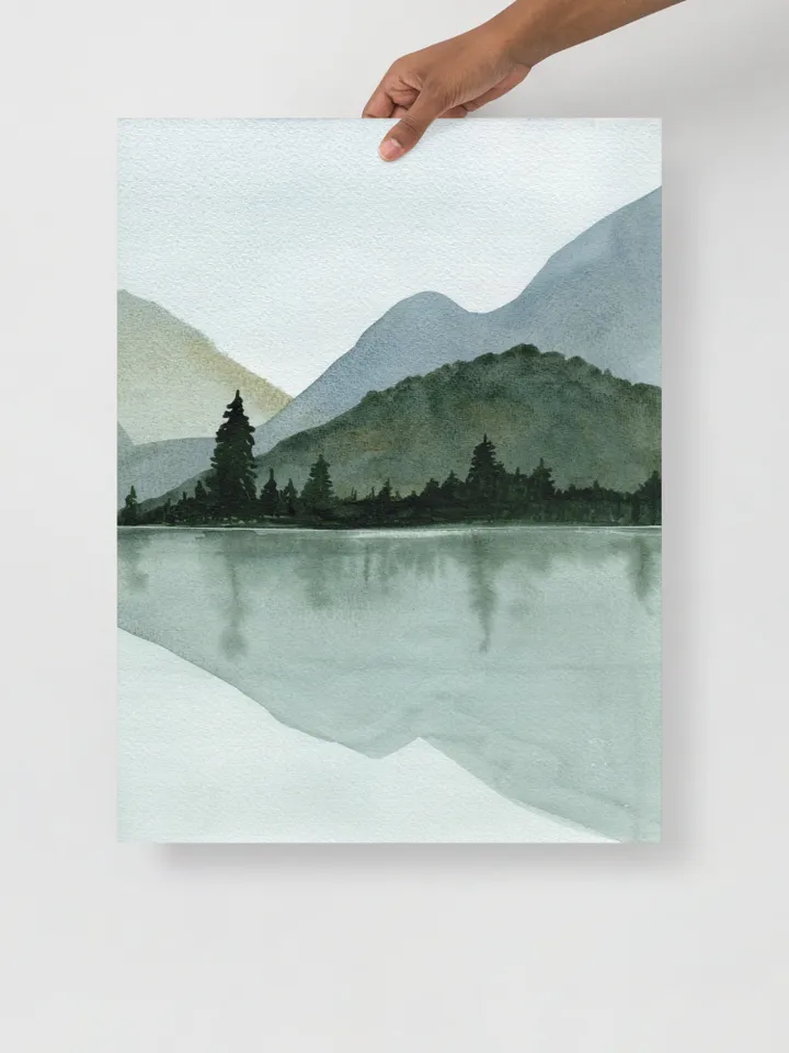 Mountain Lake Print Set Of 2, Large Lake Painting, Minimalist Wall Art, Mountain Forest Art, Living Room Decor,