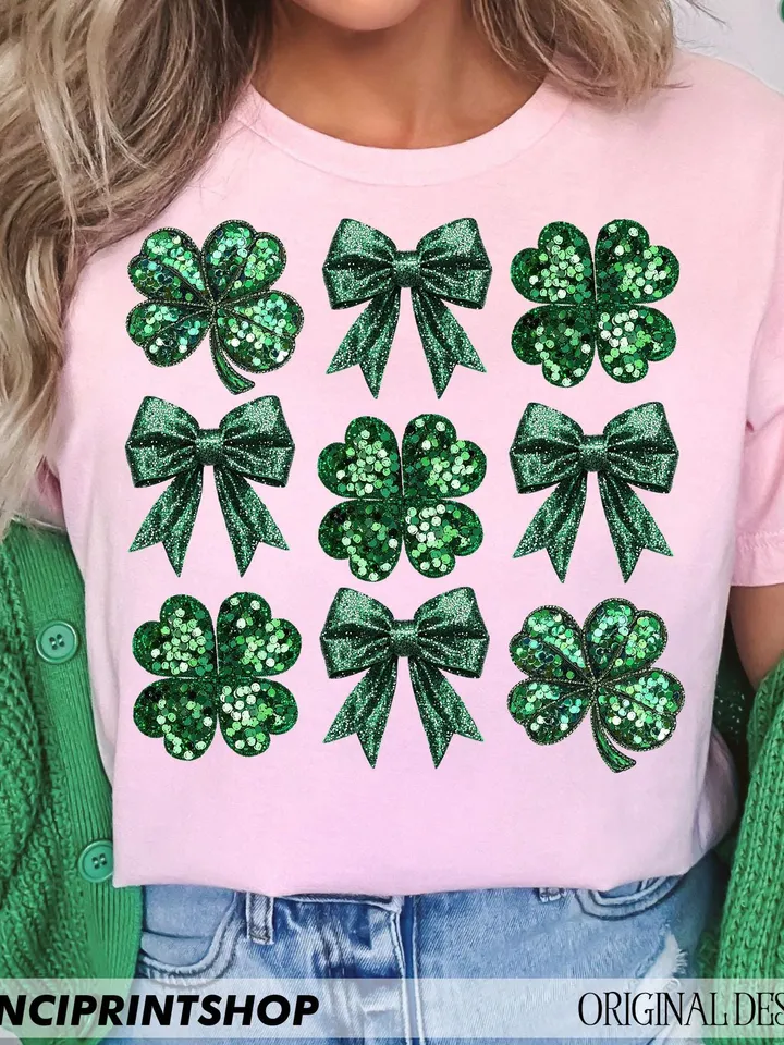 Faux Sequins St. Patrick's Day png, Green St.Patrick’s Day PNG, Sparkly Clover PNG 4 Leaf Clover, St.Patrick’s Bow, Shamrock shirt design