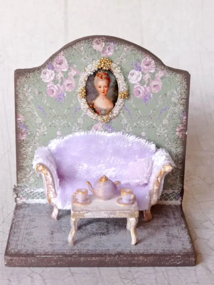 Miniature Tea Room Roombox, A 1/48 scale miniature Dollhouse with furniture, accessories and tea set
