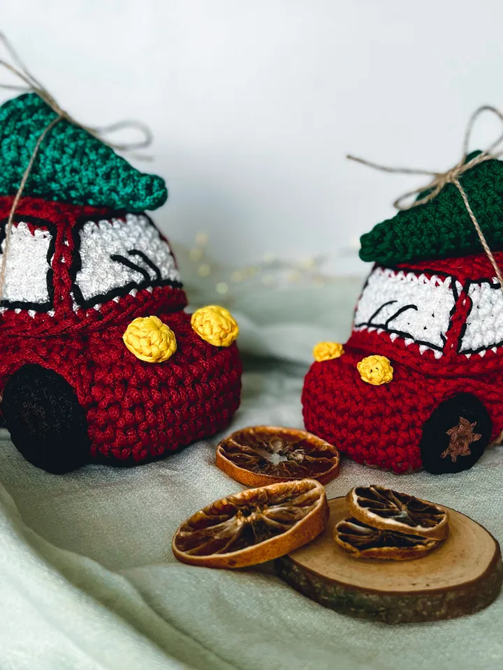 Christmas car with tree, interior basket, crochet decor, gift ornaments, sweet storage