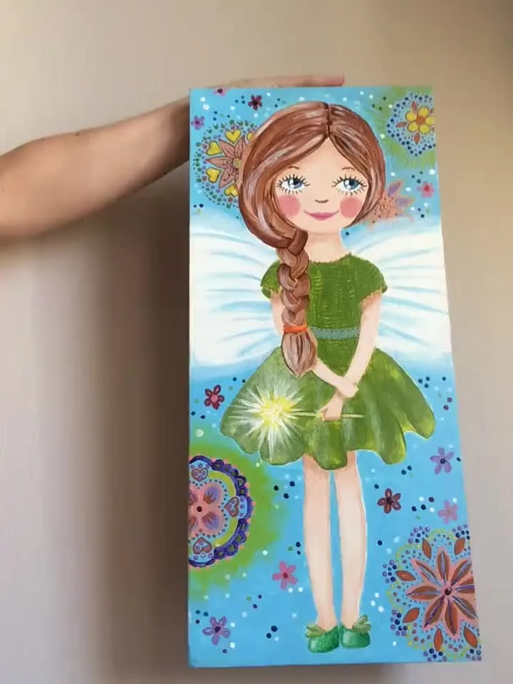 Whimsical fairy acrylic original painting\Magical fairy wall art\Nursery painting on wood board