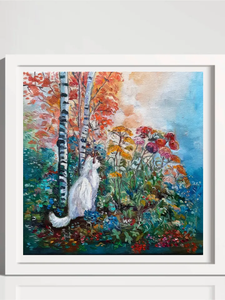White Cat Original Oil Painting Oil on canvas