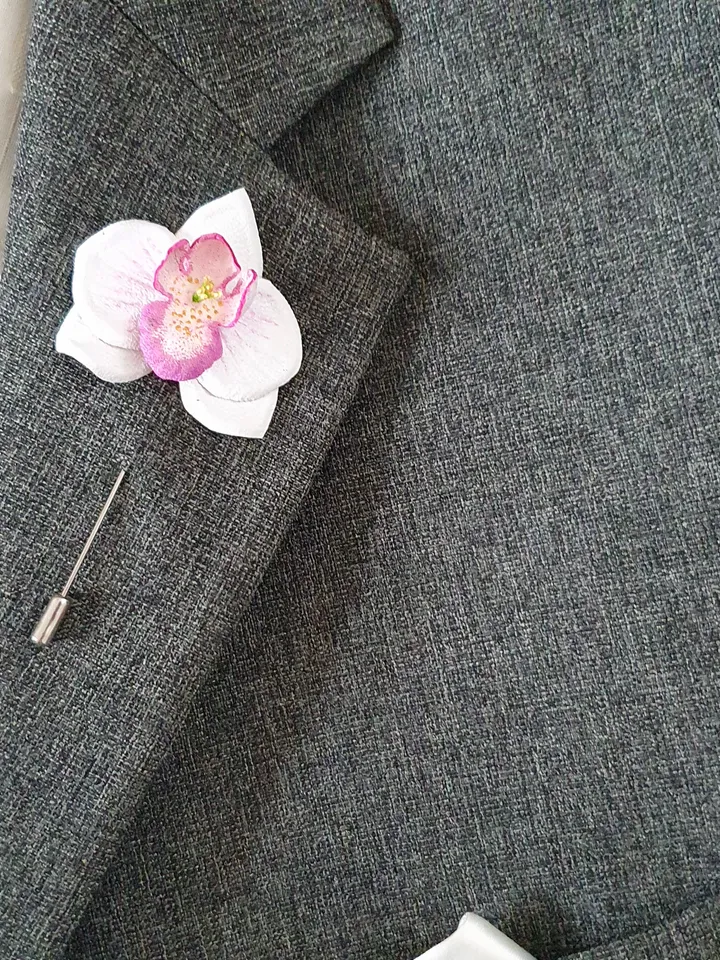 White orchid  men's lapel pin Leather boutonniere for him 3rd anniversary gift, art.55