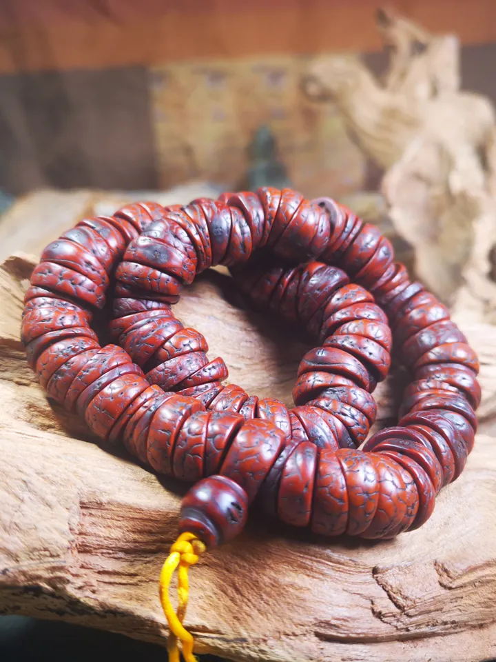 Gandhanra Antique 108 Bodhi Bead Mala,Old Prayer Beads Necklace,Miter Cut 15mm