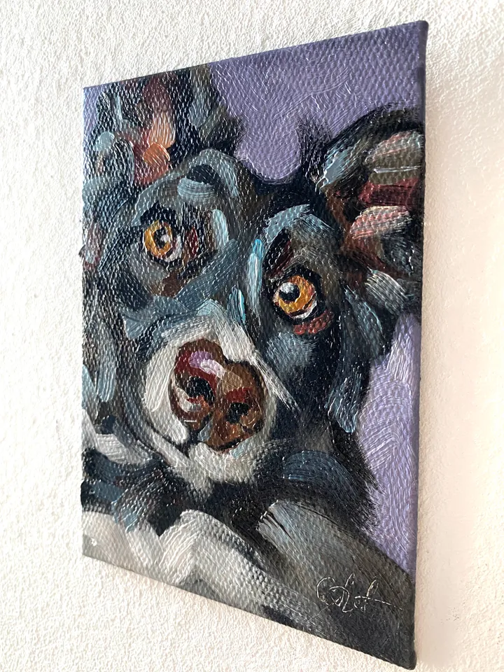 Dog oil painting original, Pet portrait artwork, Animal miniature wall art 4x6
