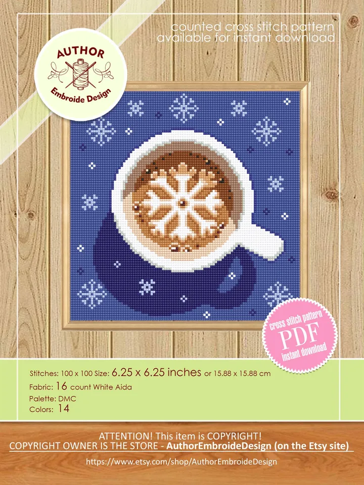 Christmas coffee cross stitch pattern PDF download Christmas cross stitch, Cup of latte cappuccino coffee with snowflake cross stitch #N148