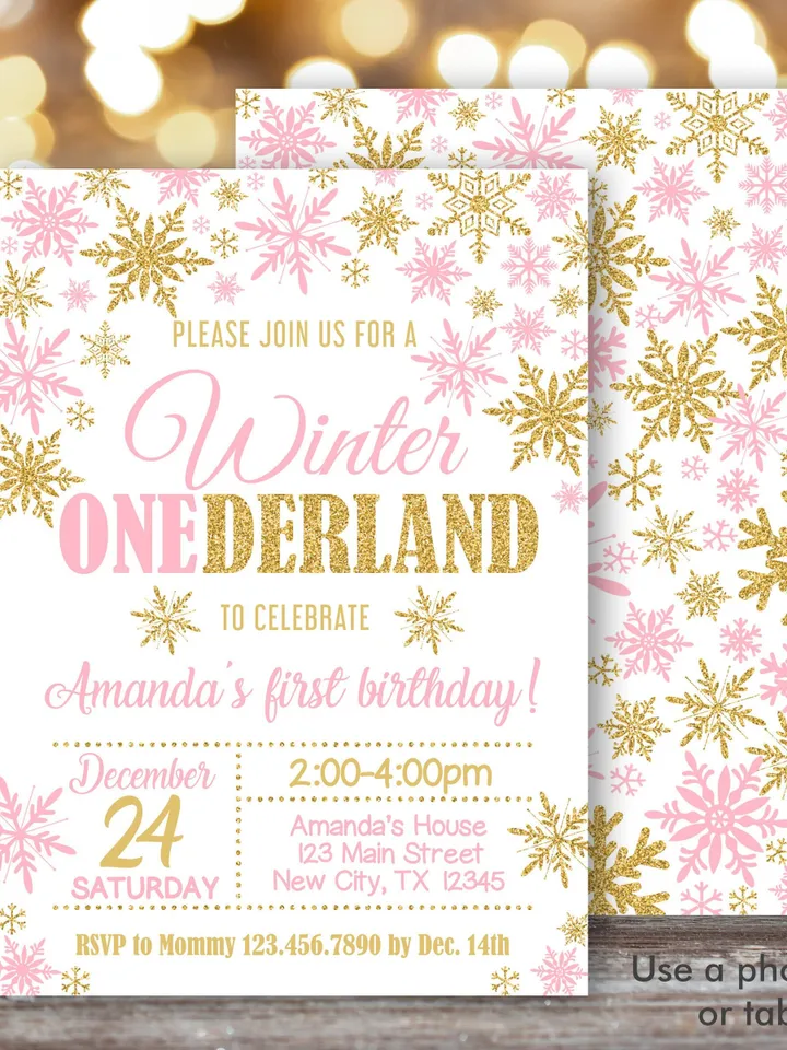 Winter Onederland Invitation Girl 1st Birthday Invitation, Winter Wonderland Birthday Invitation, Pink Gold Snowflake Editable Template