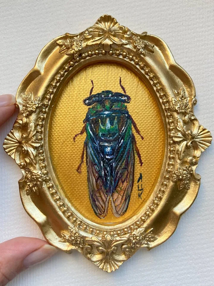 Framed Insect Oil Painting Original Entomology Art Cicada Painting Gold Frame Dark Academia