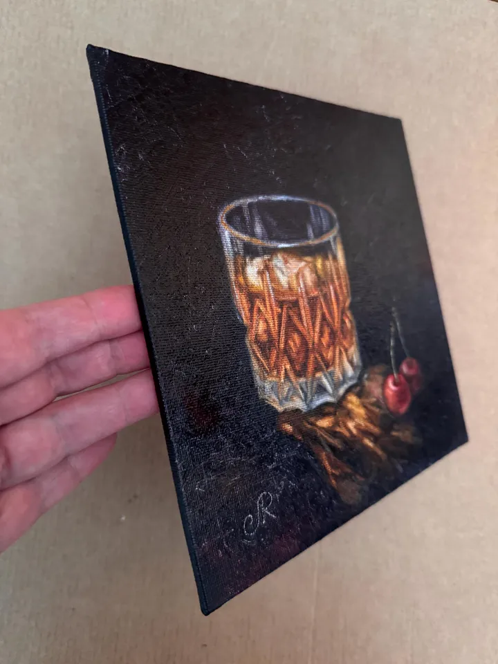 Whiskey Oil Painting Glass of Whiskey Art Cocktail Original Painting Drinks Wall Art