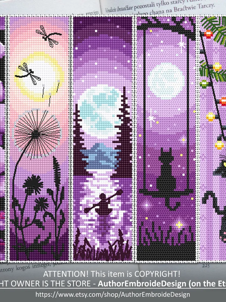 Purple Bookmark set cross stitch pattern PDF download Handmade bookmark pattern digital PDF, Nature cross stitch chart, Cute cat, Moon #B122
