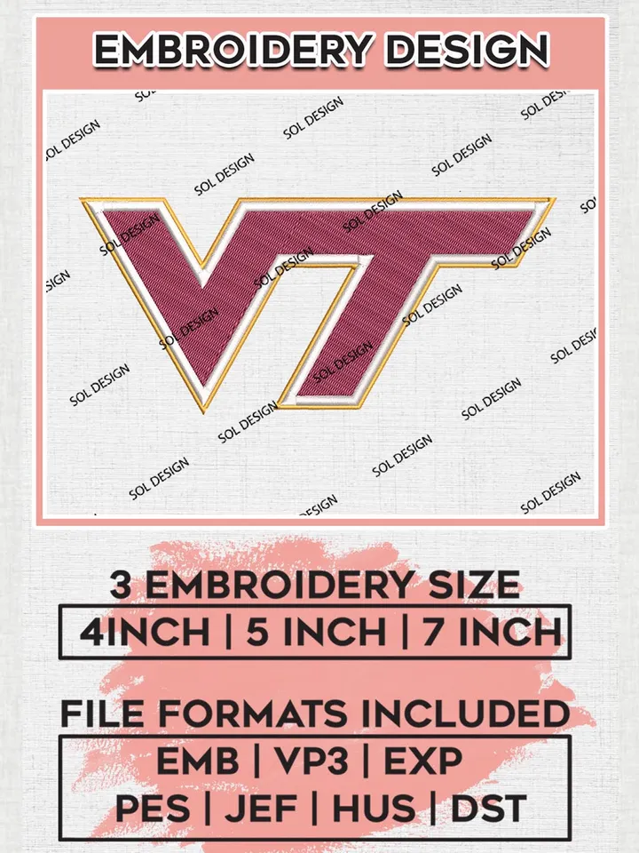 Virginia Tech Hokies Logo Machine Embroidery Design, NCAA Virginia Tech Hokies Embroidery Design Design files, NCAA Embroidery Designs, NCAA Machine Embroidery Designs, Digital Download