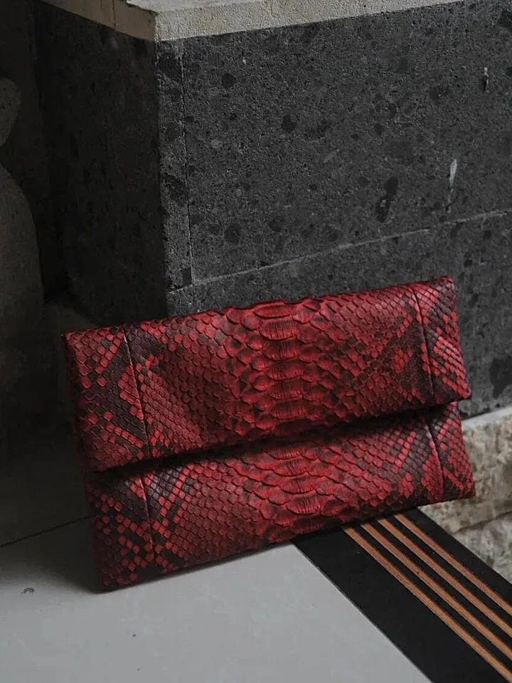 Genuine Python Skin Envelope Red Clutch | Exotic Leather Bags | Small Classy Handmade Clutch | Flat women Elegant Evening Clutch| Snake Bag