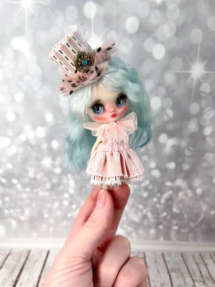 Adorable little doll in a hat. Petite Blythe with blue hair.