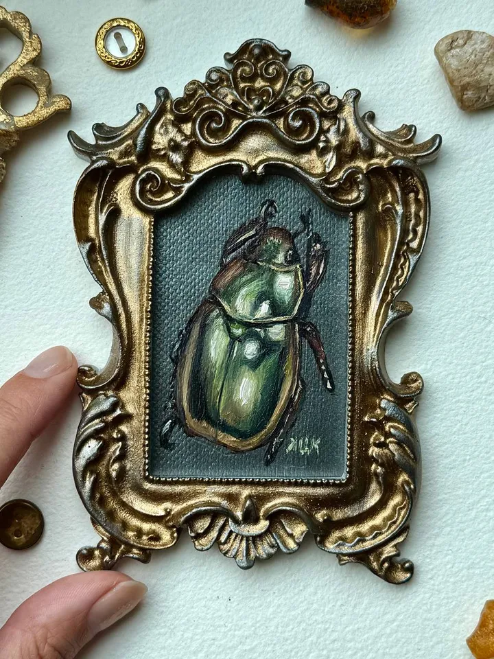 Framed Insect Oil Painting Original Entomology Art Beetle Painting Gold Frame Dark Academia