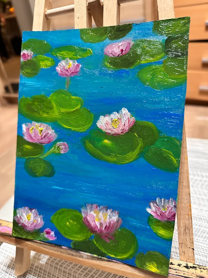 Oil Painting Water Lilies Water Landscape Flowers Nature Miniature Cardboard 8x6 Inches 21x15 cm Wall Decor
