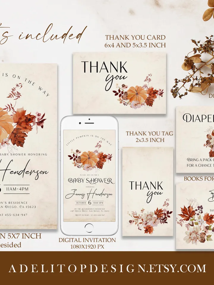 Rustic Autumn Baby Shower Invitation Suite; Autumn Boho Flowers Baby shower; Little Pumpkin baby shower; editable Fall Baby shower kit