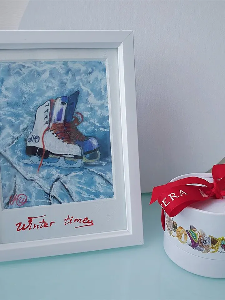 Ice Skates Painting Christmas Original Art Winter Wall Art Frame Painting