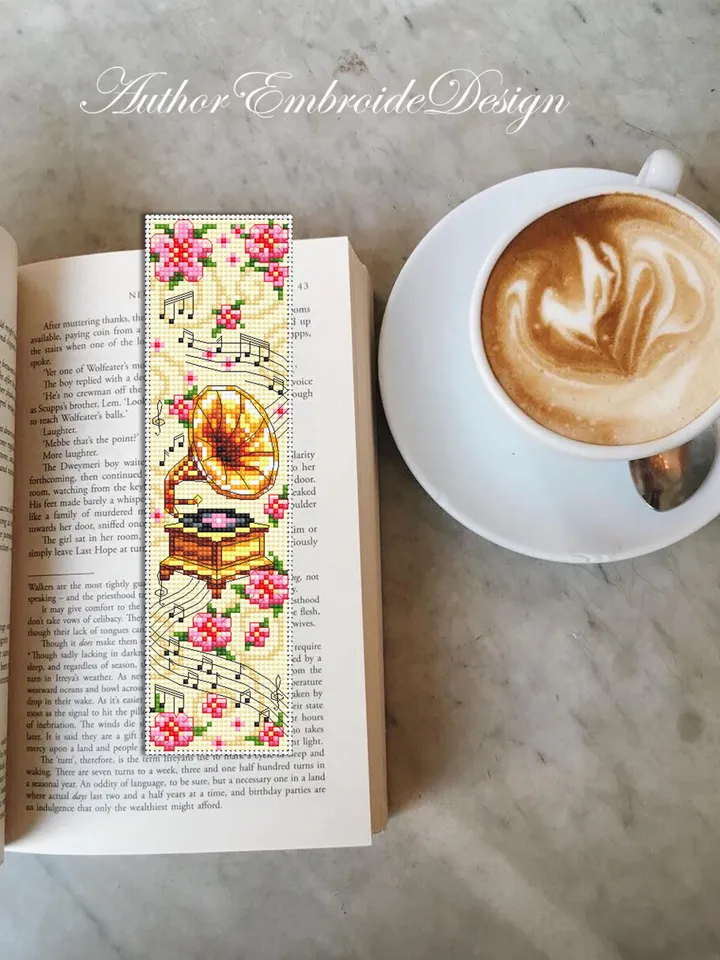 Music bookmark cross stitch pattern PDF instant download Vintage gramophone cross stitch chart, Flower bookmark pattern digital PDF #B411