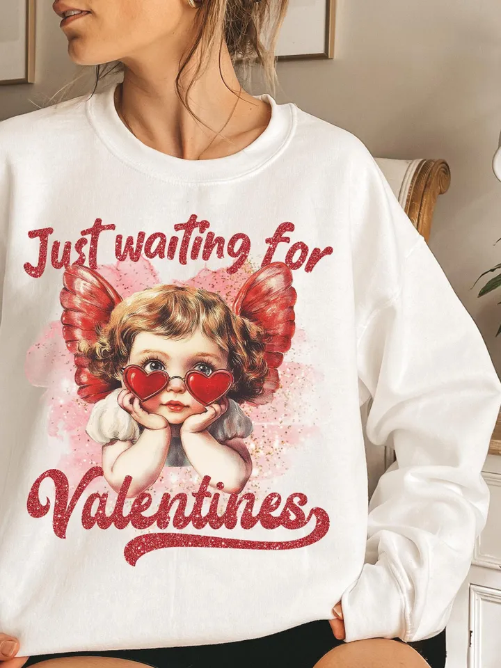 Just Waiting For Valentine's Png, Retro Valentine Shirt Design, Gold Glittered Cupid, Valentine's Day Png, Valentine Love Png Digital