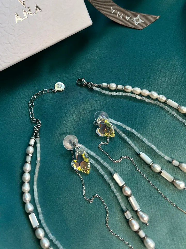 Natural Pearl Swarovski pendant Jewelry Set Necklace Earrings DIAMOND LOVE