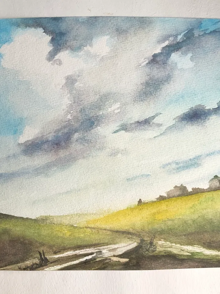 Clouds over the fields landscape original watercolour painting wall art hand painted
