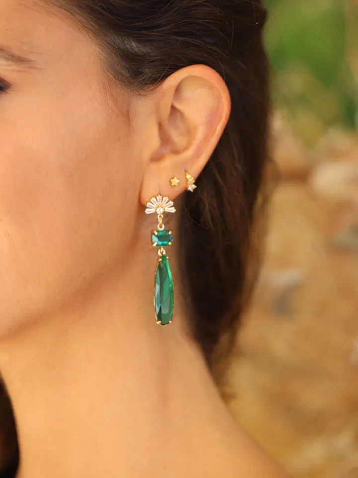 Fan Art Deco Bridal Earrings For Brides, Emerald Green Vintage Gold 24K Wedding Earrings, Boho Bridal Earrings, Statement Wedding Jewelry