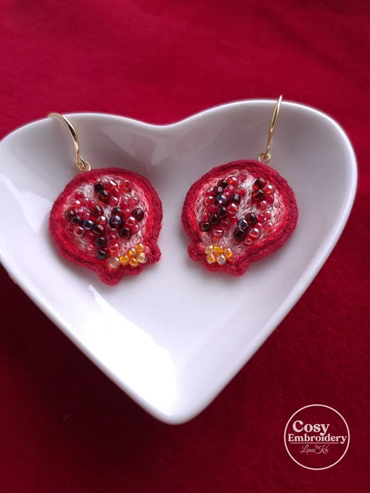 Pomegranate Earrings Handcrafted Jewelry Hand-Embroidered Unique Quirky Accessory Fruit Dangles Accessories Gift for Her