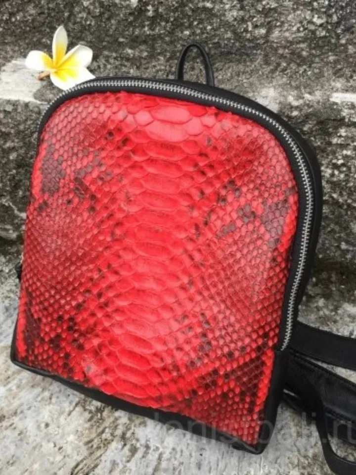 Genuine python skin small backpack | leather backpack red snake print| small designer rucksack | Exotic leather bags | Women handmade bags