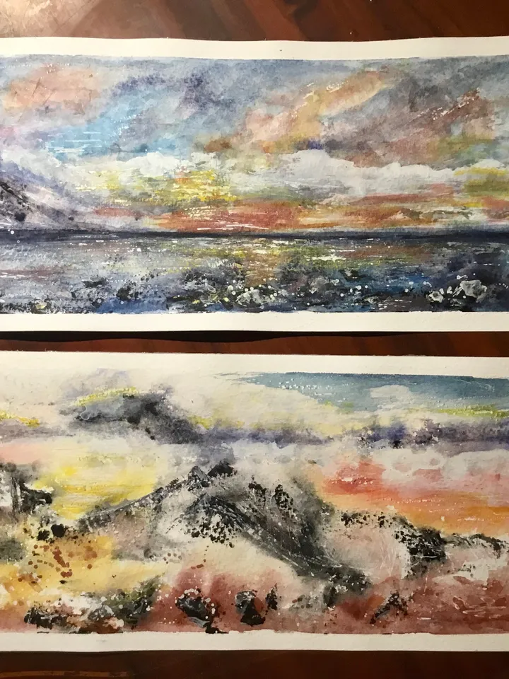 Set of 2 semi-abstract landscapes,original watercolor panoramic paintings,seascape,mountains wall art,modern home decoration,art gifts.