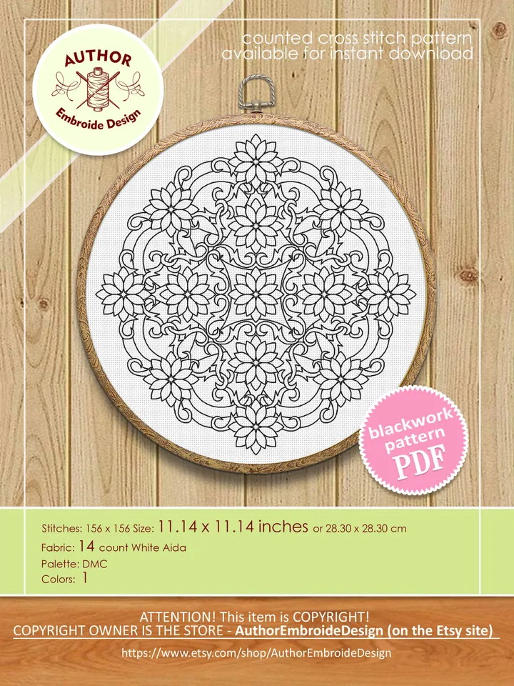 Floral mandala blackwork pattern PDF download Mandala ornament Backstitch chart, Simple mandala for hand embroidery PDF, Mandala art #W46