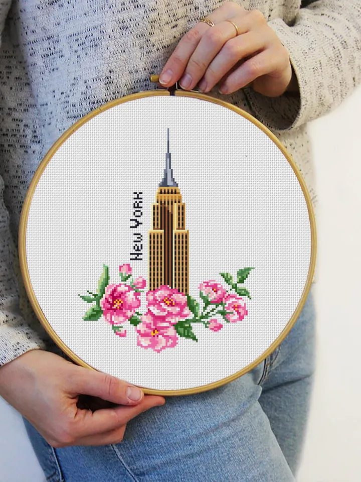 New York city cross stitch pattern download PDF Empire State Building digital Sakura flowers cross stitch chart United State pattern #E13