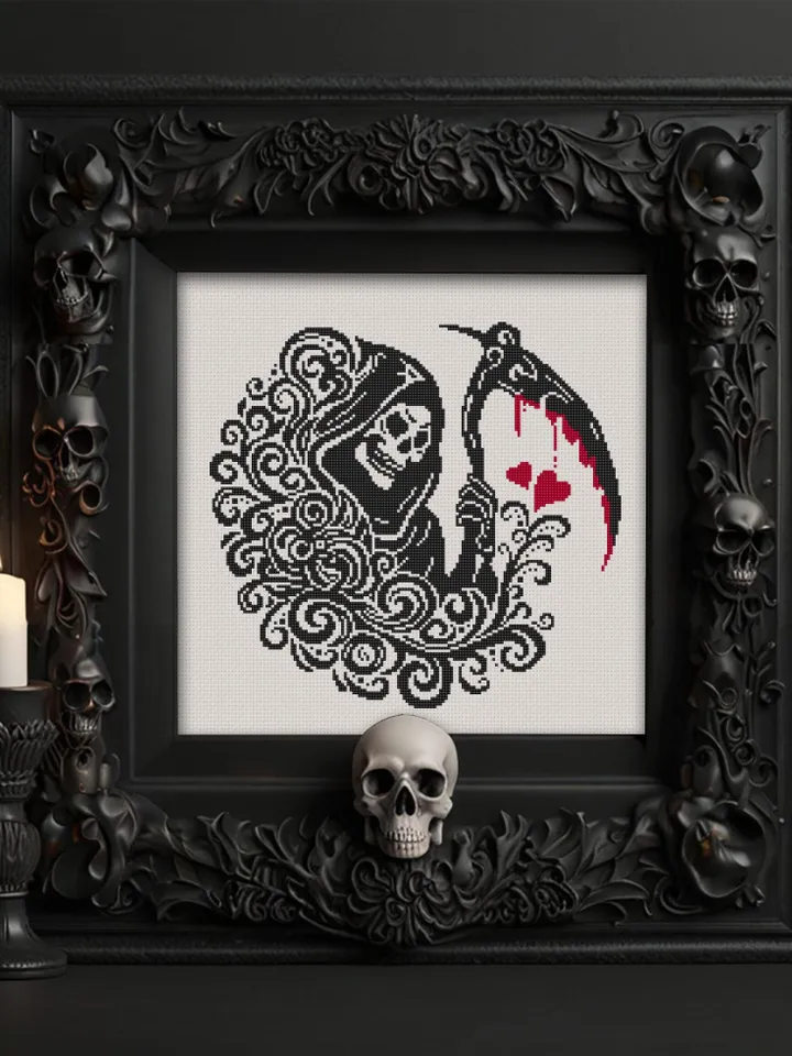 Grim reaper cross stitch pattern PDF download Gothic cross stitch chart, Gothic Halloween pattern digital PDF, Death with a scythe #H78