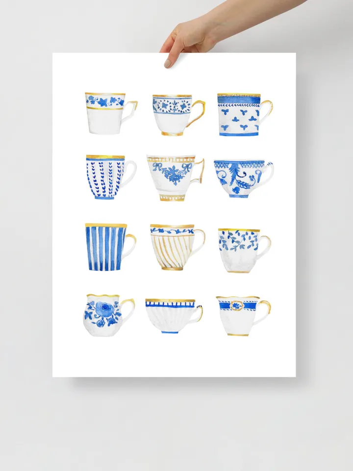 Teacups Art Print Blue And White Watercolor Painting Chinoiserie Wall Art Poster Tea Art Gift For Tea Lovers Vintage Tea Cups Kitchen Print