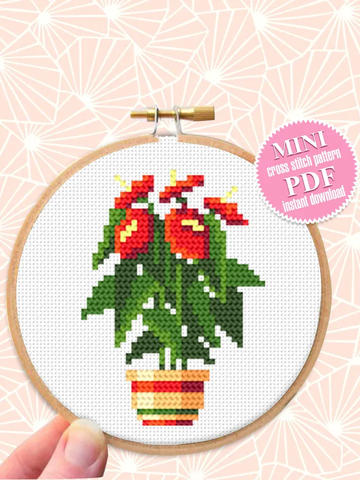 Red flower plant cross stitch pattern PDF download Simple mini cross stitch chart, Easy small cross stitch Anthurium, Plant lover gift #P20