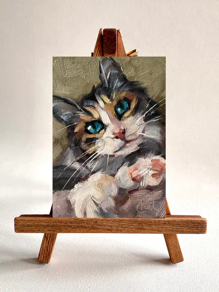Cat oil painting original, Pet portrait artwork, Animal miniature wall art 4x6