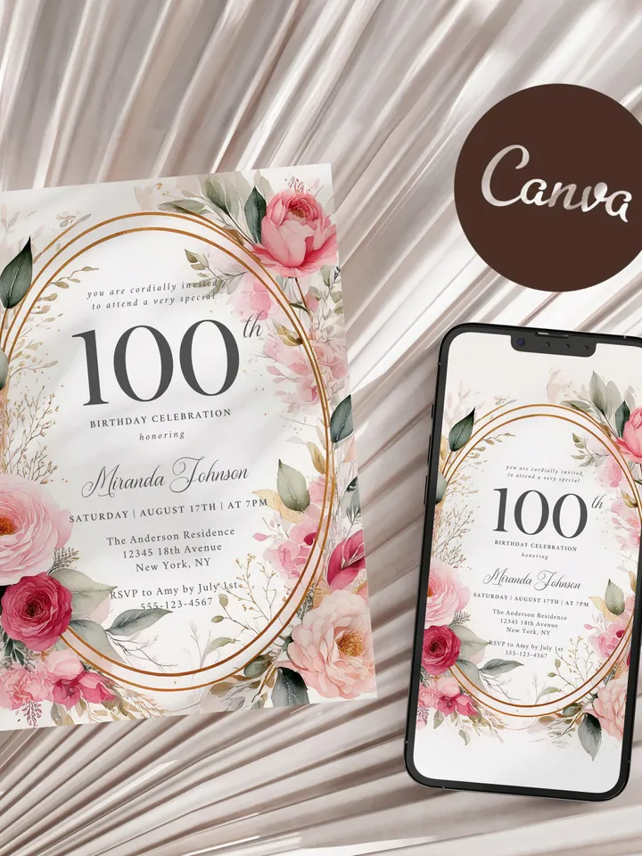 100th Birthday Invitation for Women – Blush Pink & Gold Floral, Elegant Printable Party Invite for Grandma or Mom, Digital Canva Template