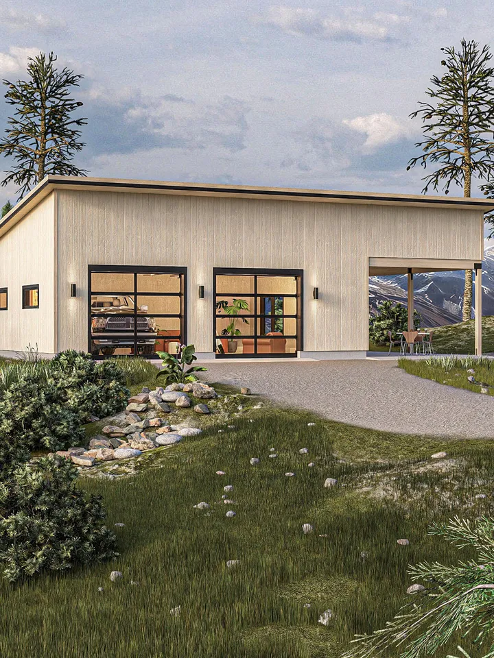 Modern 2-Car Garage Plan with Carport  (PDF Download) | Detached Garage Blueprints