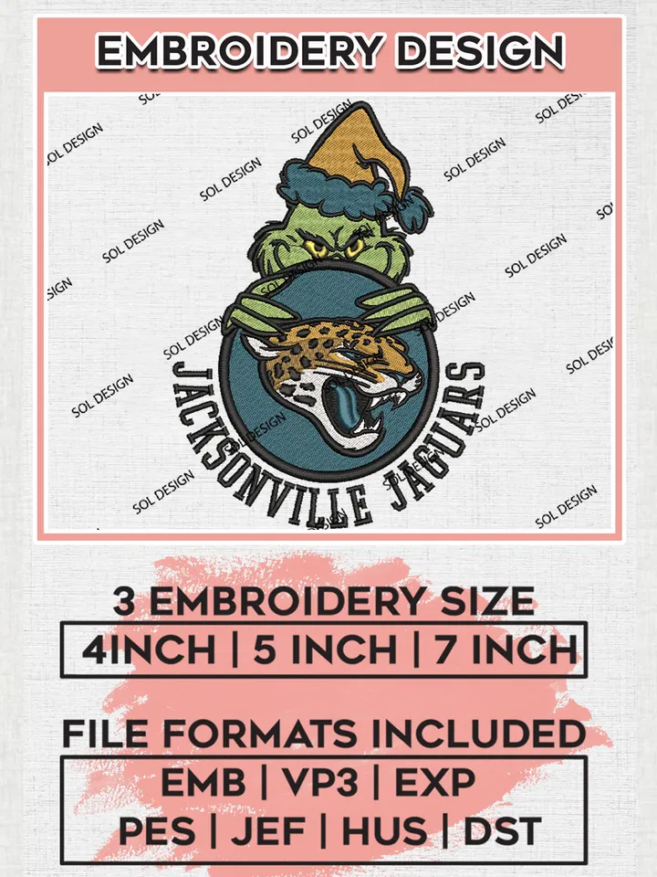 NFL Jacksonville Jaguars Team x Grinch Holding Ornament Logo Embroidery Designs, NFL Jaguars Team Machine Embroidery Files, NFL Football Teams, 3 sizes, Grinch Machine embroidery designs, Digital Download