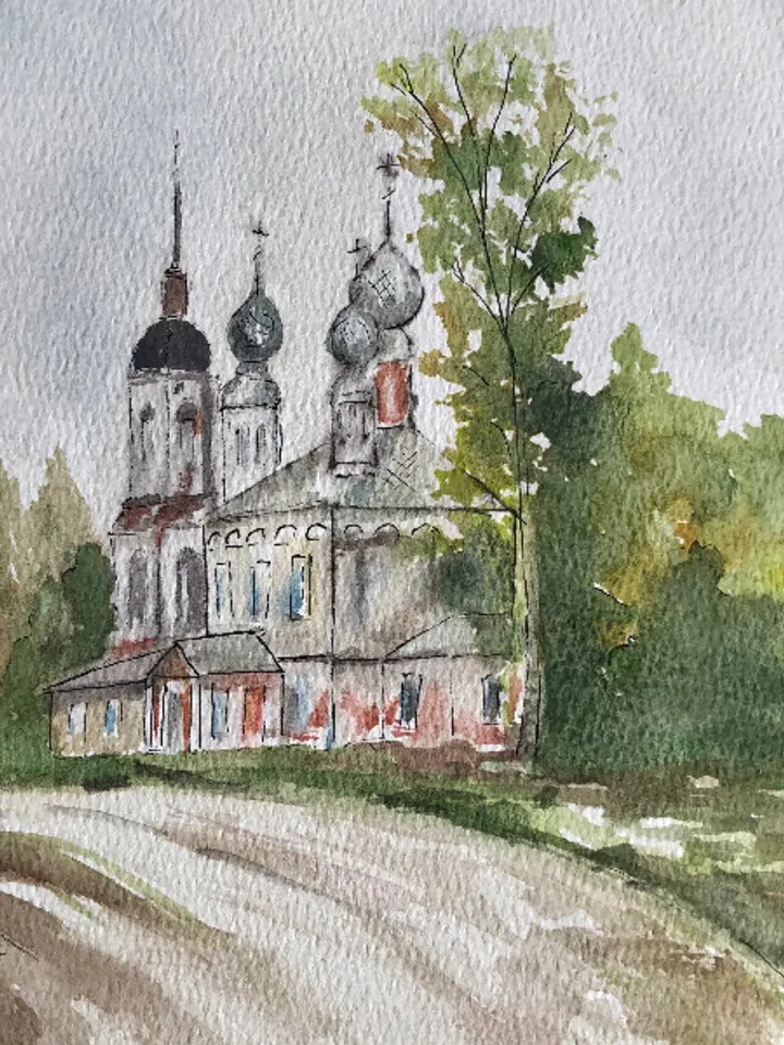 Old church landscape modern wall art hand painted original watercolour painting