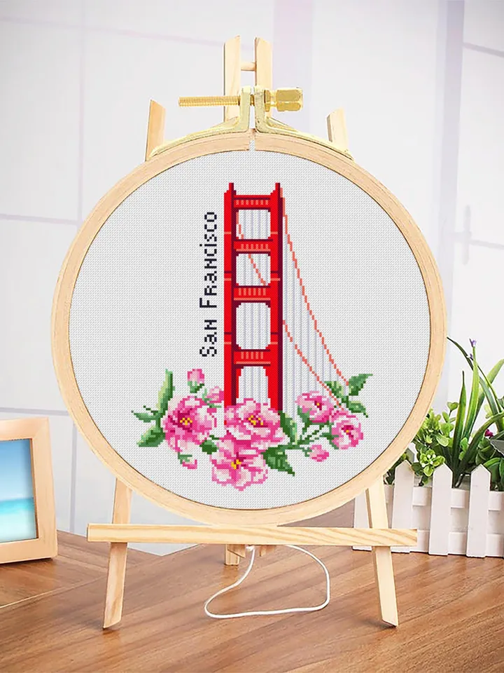 USA cross stitch pattern download PDF Golden gate bridge pattern digital PDF Spring flowers cross stitch chart Nature embroidery #E12
