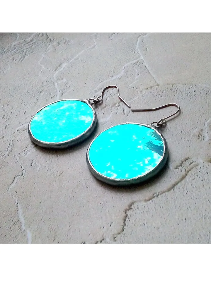 Iridescent stained glass blue earrings, Dichroic earrings, Duochrome earrings, Round stained glass