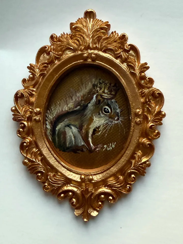 Framed Squirrel Oil Painting Original Wild Animals Art Cute North Squirrel Painting Gold Frame Victorian Painting