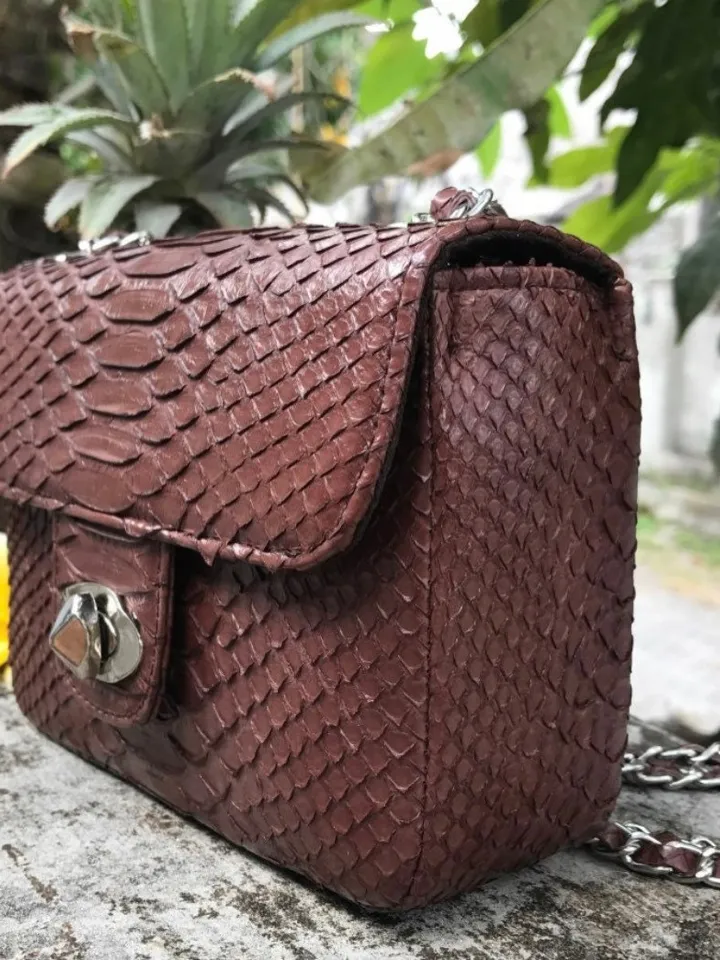 Genuine Python Skin Dark Brown Crossbody Bag | Adjustable Chain Classy Elegant snake Crossbody Small Lady Summer Bag | Brown Python Purse