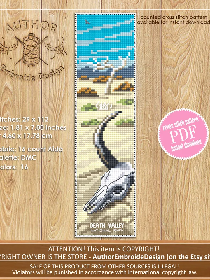 Death Valley National park bookmark cross stitch pattern PDF download Nature cross stitch chart, Desert landscape, Cow skull bookmark #B192