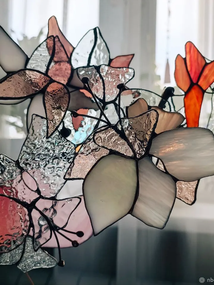 3D White and Pink Stained Glass Branch, 3D White-and-Blush Branch, 3D Stained Glass White and Pink Branch, White and Blush 3D Glass Twig, Delicate Pink & White Glass Floral Stem, Layered Stained Glass Blossom Branch, Handmade 3D Art Glass Flower Spray